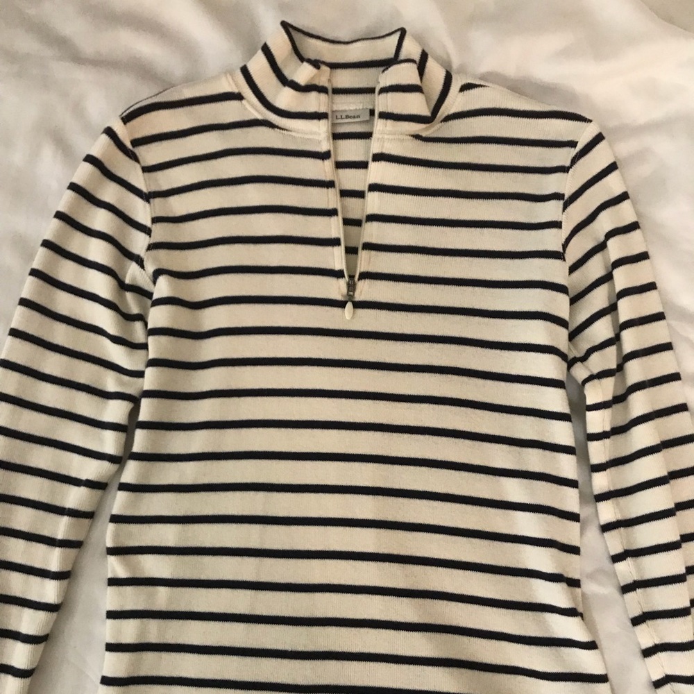 L.L. Bean Cream Navy Stripe Quarter-Zip